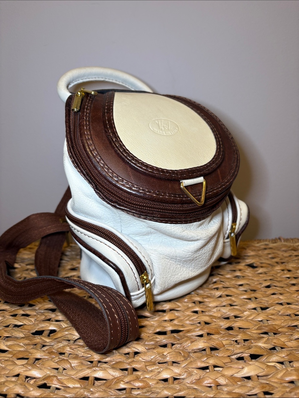 White & Brown Leather Mini Backpack Purse
